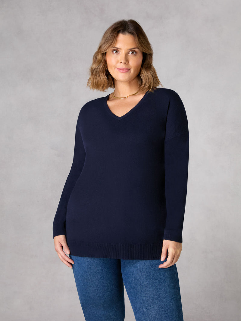 Navy Fine Knit V-Neck Relaxed Jumper