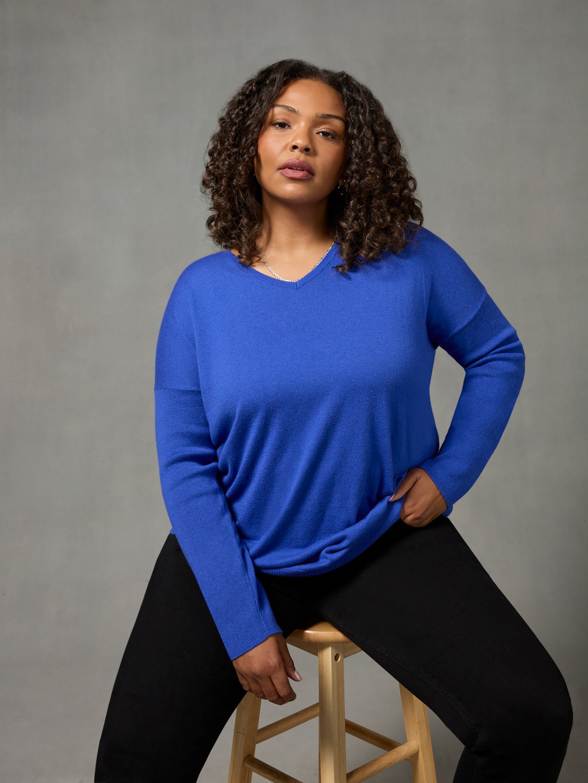 Blue Relaxed V-Neck Jumper