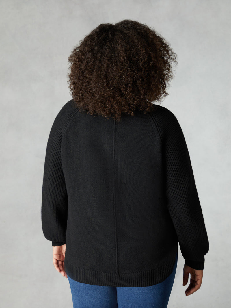 Black Textured Knitted V-Neck Jumper