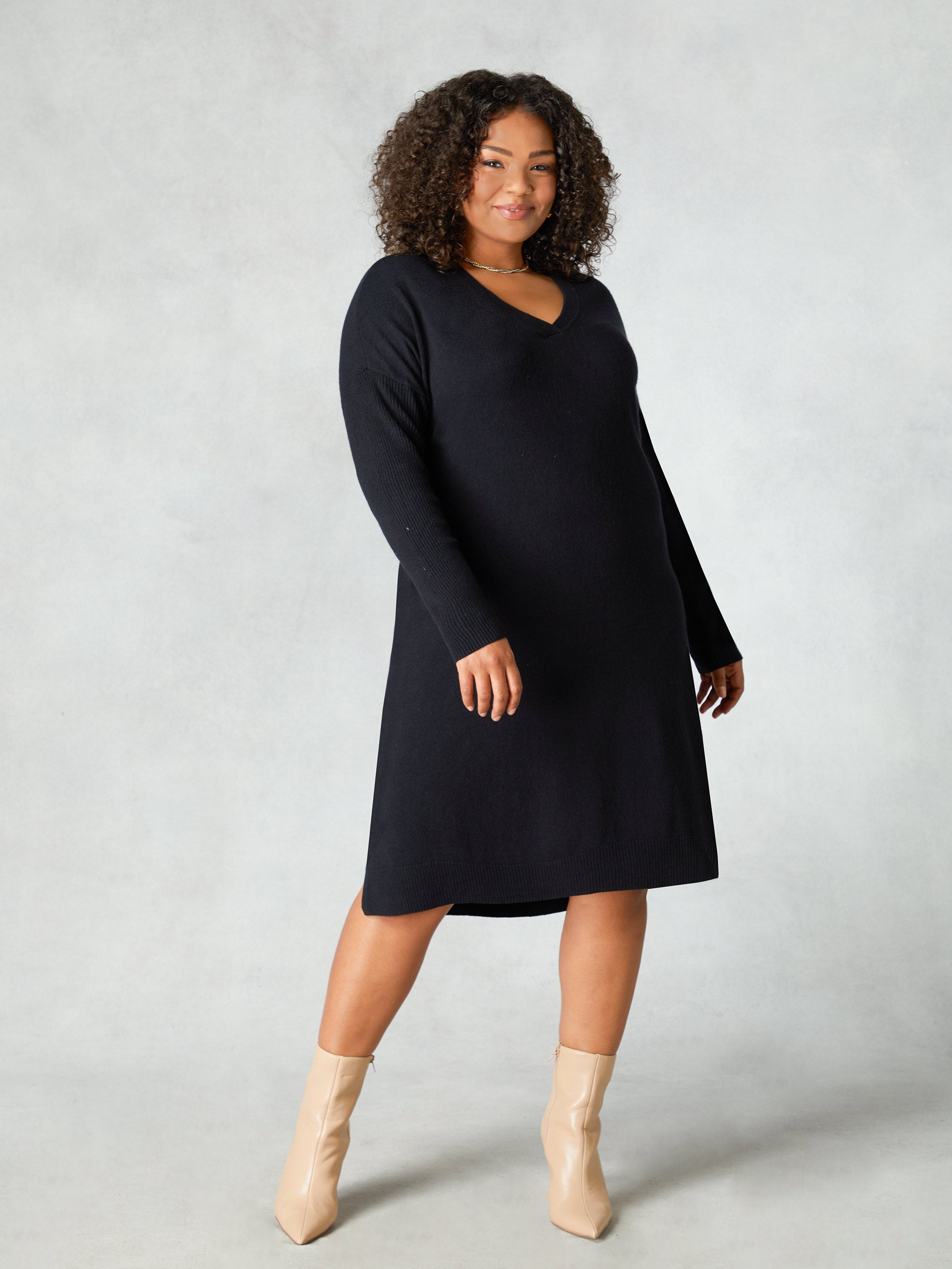 Black Fine Knit V-Neck Dress