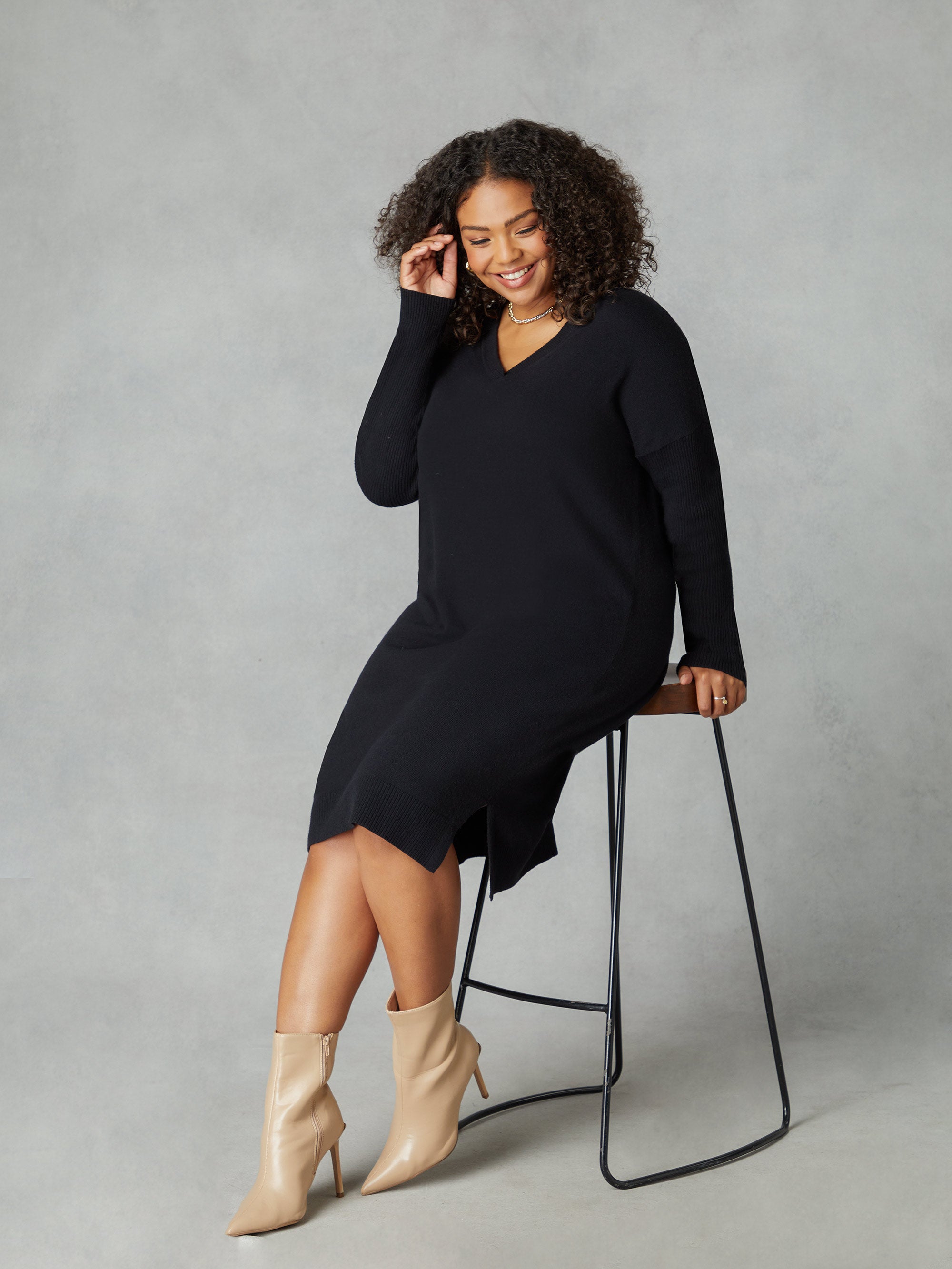 Black Fine Knit V-Neck Dress