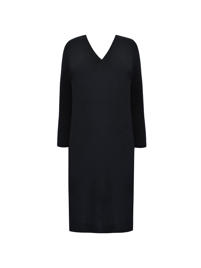 Black Fine Knit V-Neck Dress