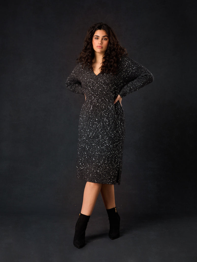 Black Knitted Metallic and Sequin Dress