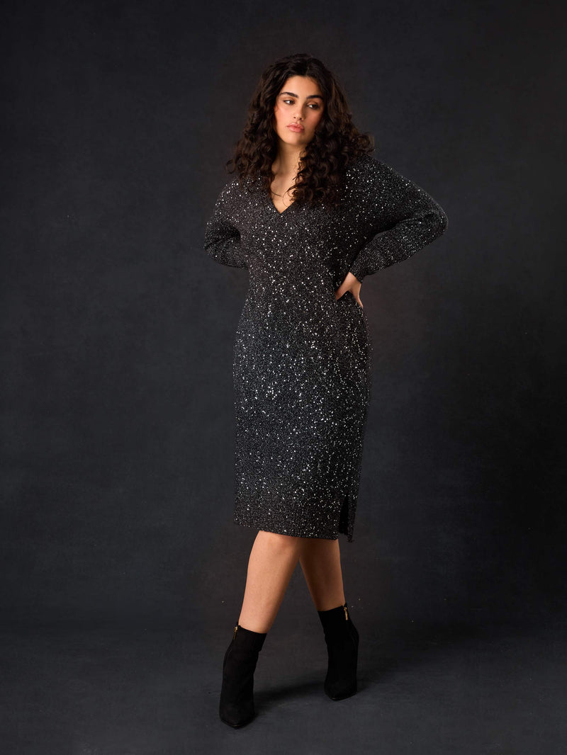 Black Knitted Metallic and Sequin Dress