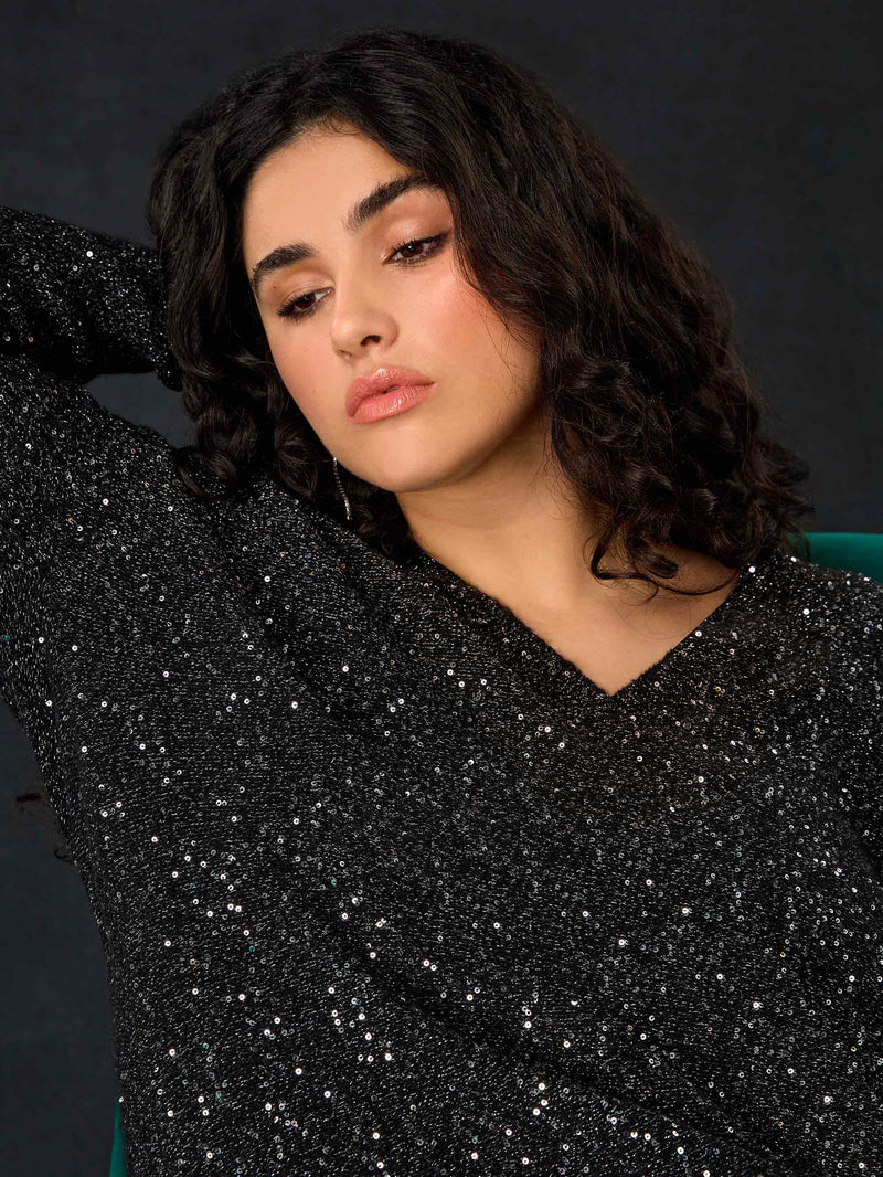Black Knitted Metallic and Sequin Dress