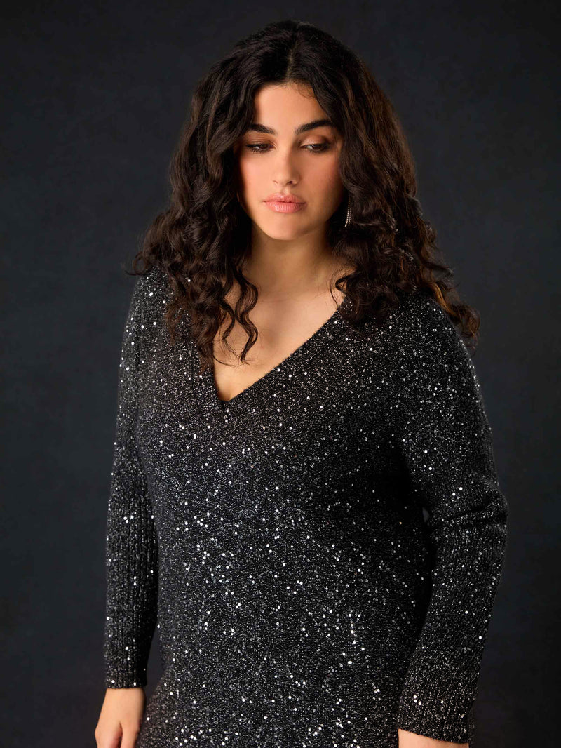Black Knitted Metallic and Sequin Dress