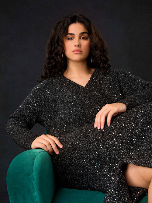 Black Knitted Metallic and Sequin Dress