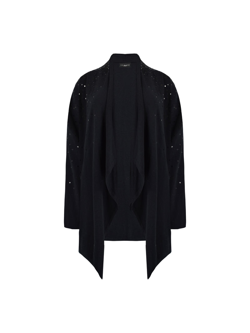 Black Knitted Sequin Waterfall Cardigan