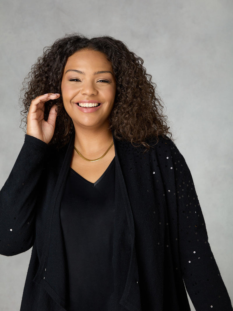 Black Knitted Sequin Waterfall Cardigan