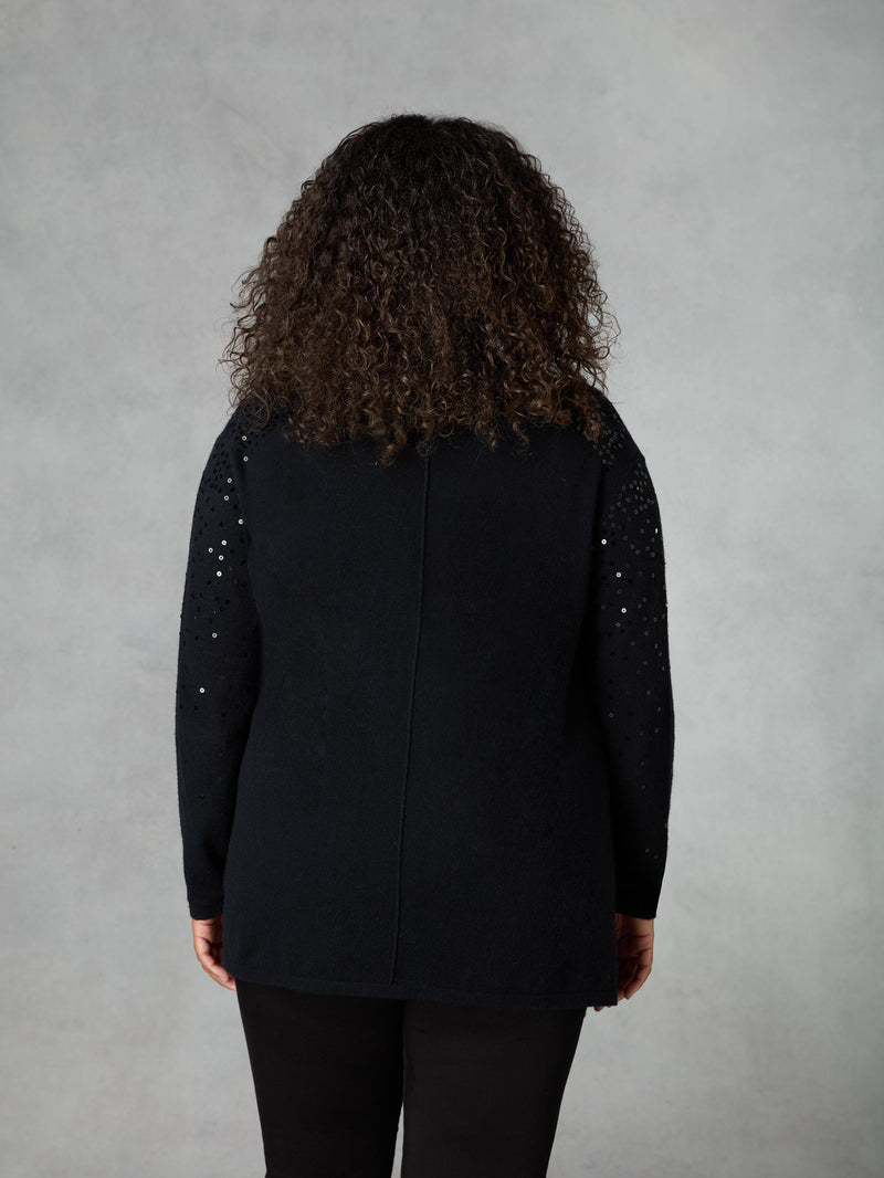 Black Knitted Sequin Waterfall Cardigan