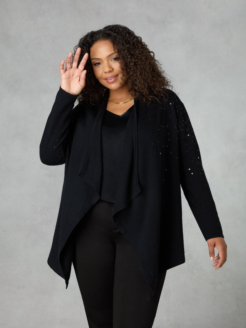 Black Knitted Sequin Waterfall Cardigan