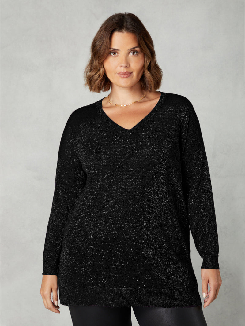 Black Fine Knit Sparkle V-Neck Jumper