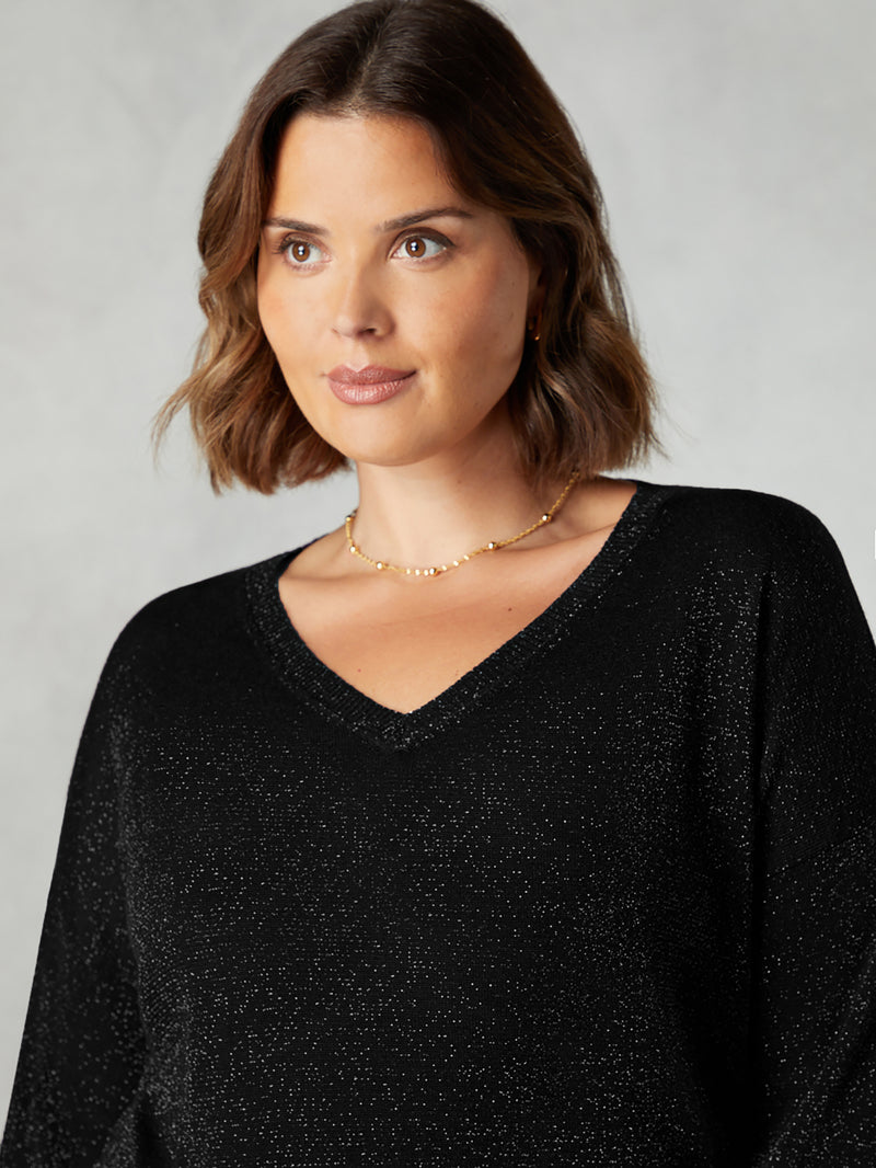 Black Fine Knit Sparkle V-Neck Jumper