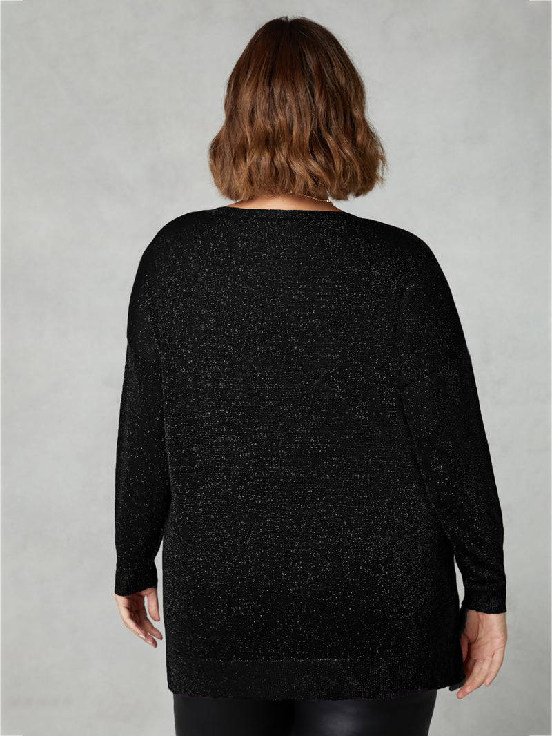 Black Fine Knit Sparkle V-Neck Jumper