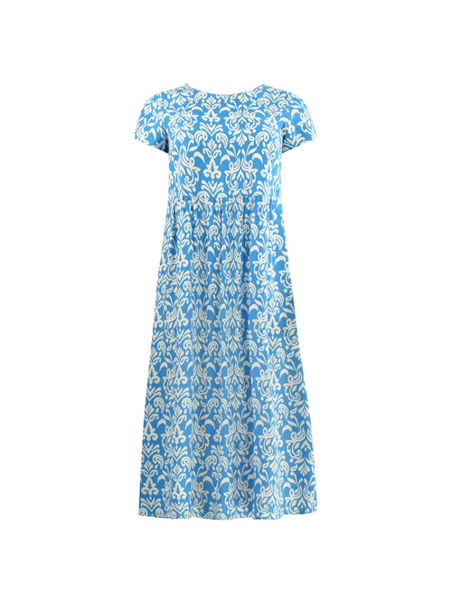 Blue And White Print Short Sleeved Midi Dress