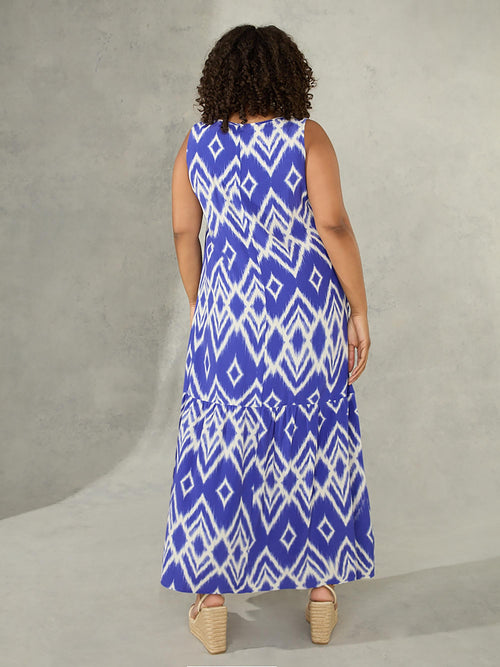 Blue Aztec Print V-Neck Swing Maxi Dress