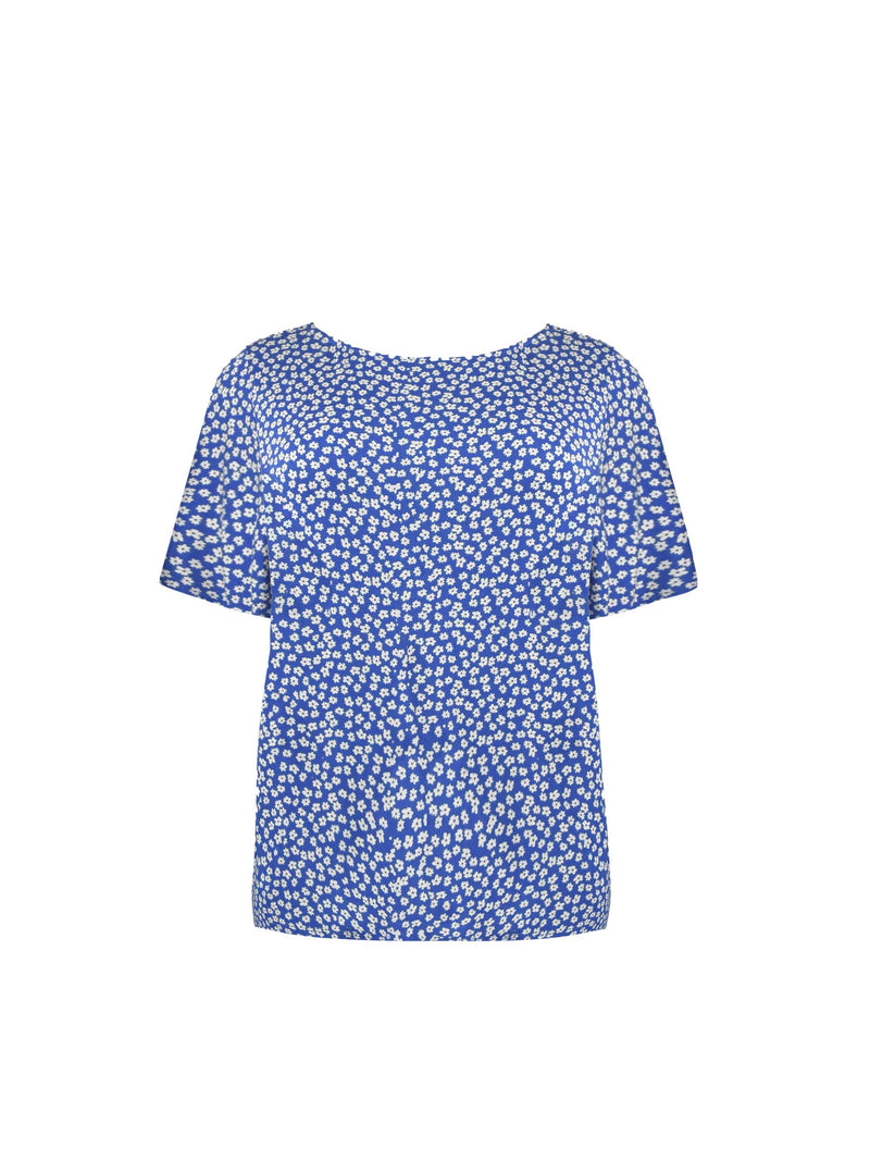 Blue Ditsy Slash Neck Jersey T-Shirt