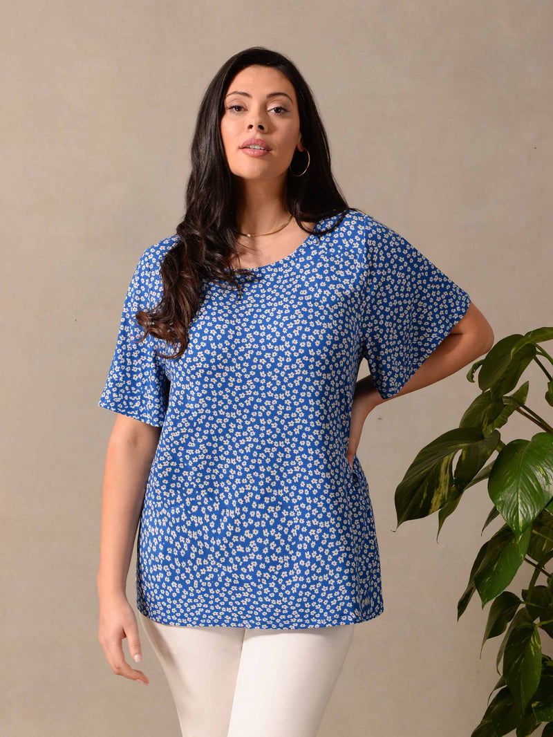 Blue Ditsy Slash Neck Jersey T-Shirt