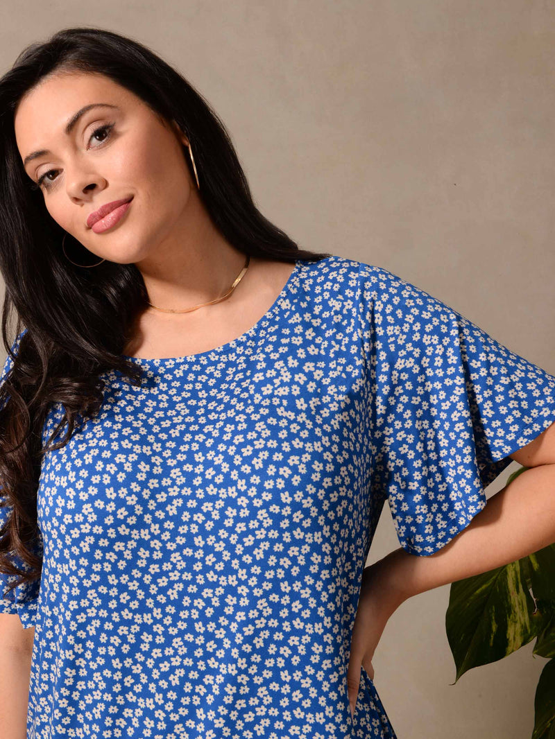 Blue Ditsy Slash Neck Jersey T-Shirt