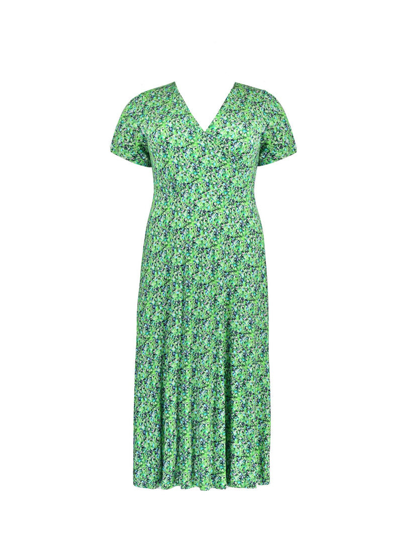 Green Ditsy Print Jersey Wrap Midi Dress