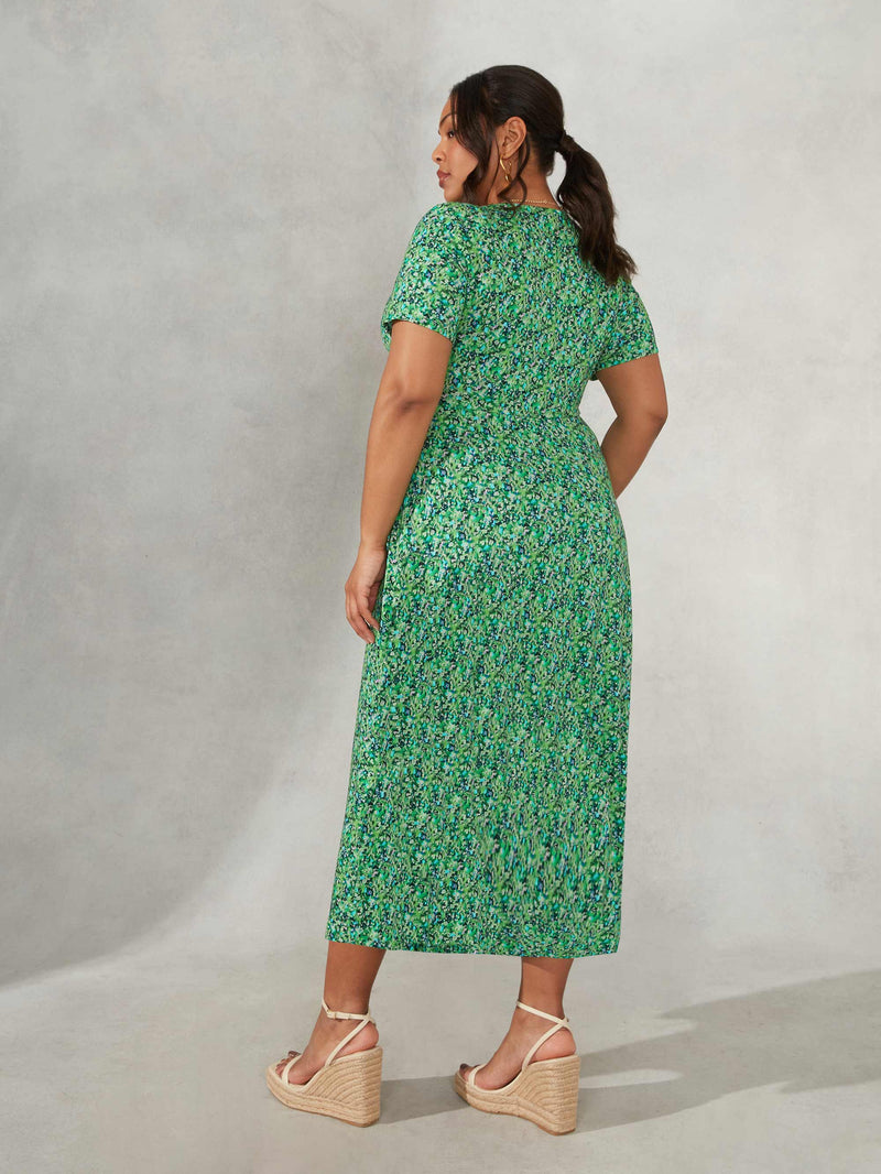 Green Ditsy Print Jersey Wrap Midi Dress