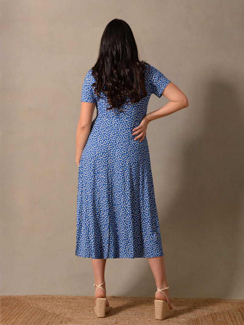 Blue Ditsy Print Jersey Wrap Midi Dress