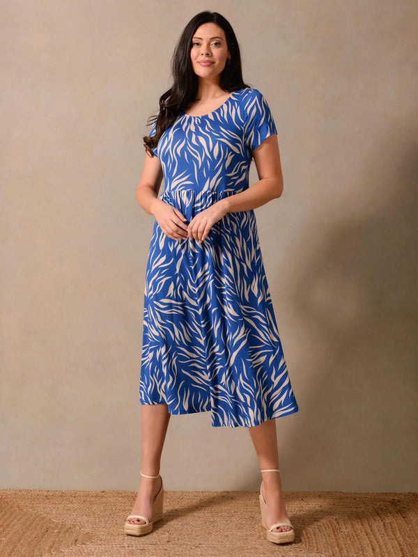 Blue Zebra Print Jersey Swing Midaxi Dress