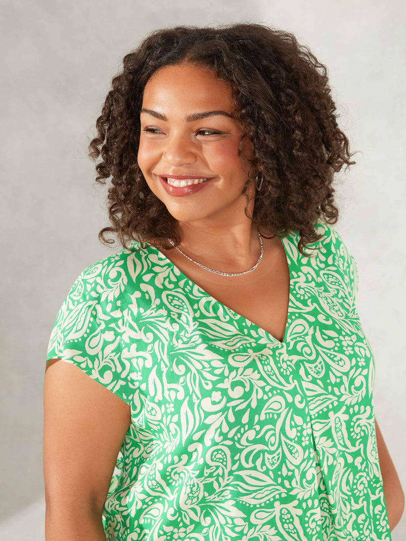 Green Paisley Print Pleat Tee
