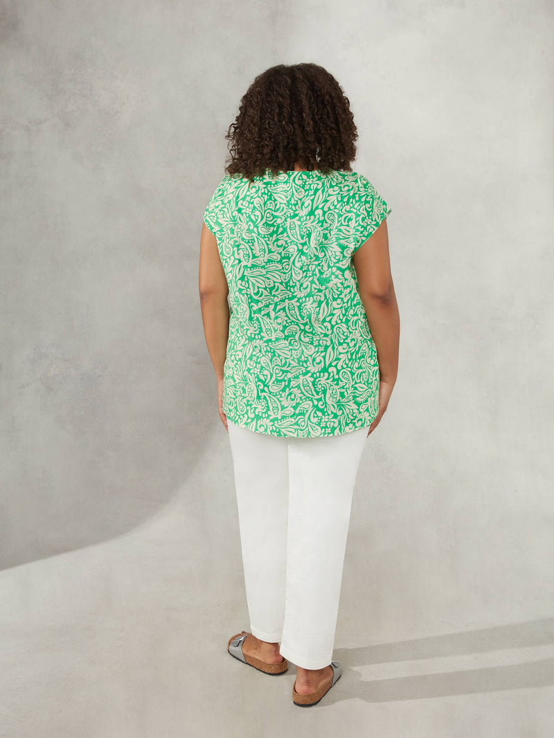 Green Paisley Print Pleat Tee