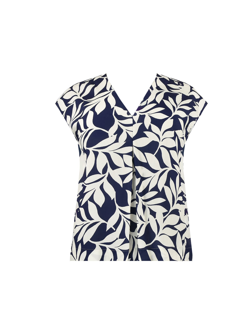 Navy Leaf Print Pleat Tee