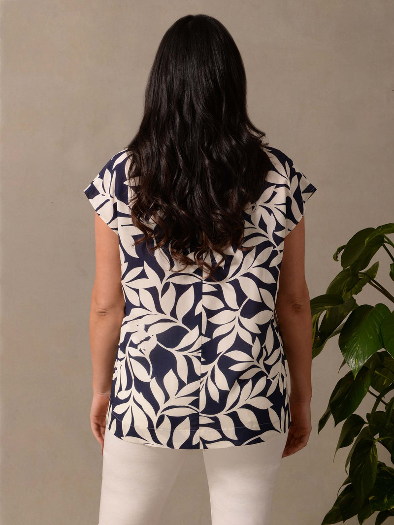 Navy Leaf Print Pleat Tee