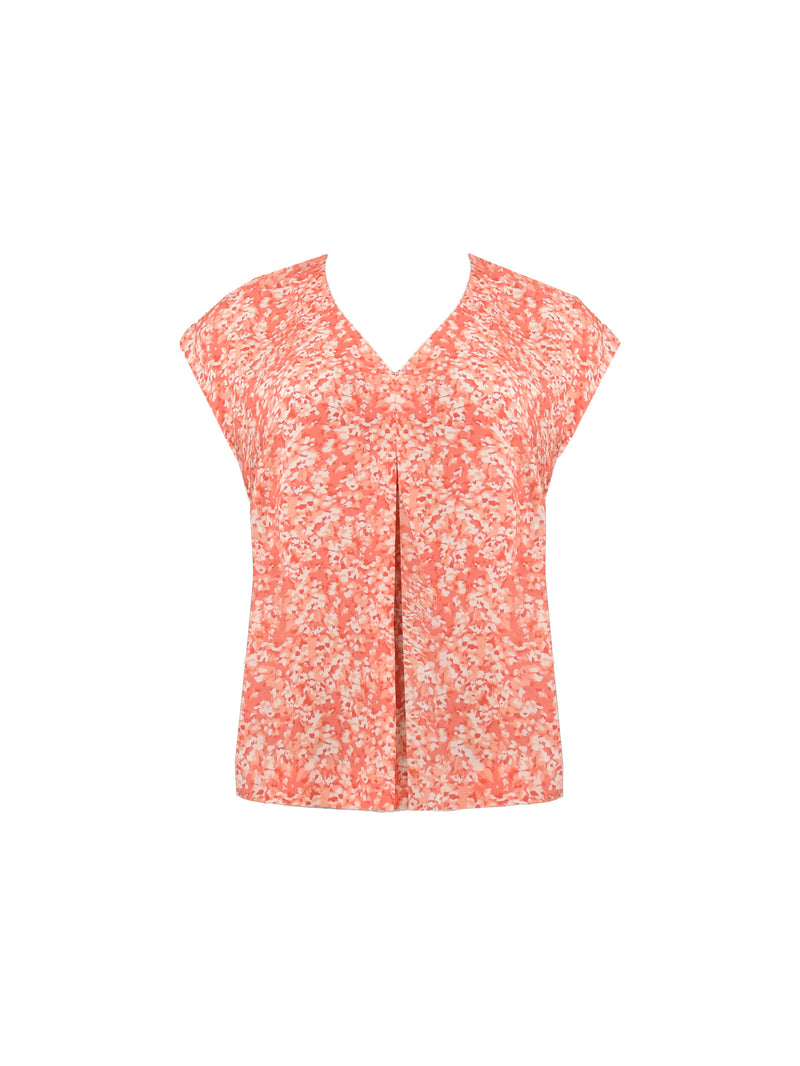 Coral Ditsy Print Pleat Tee