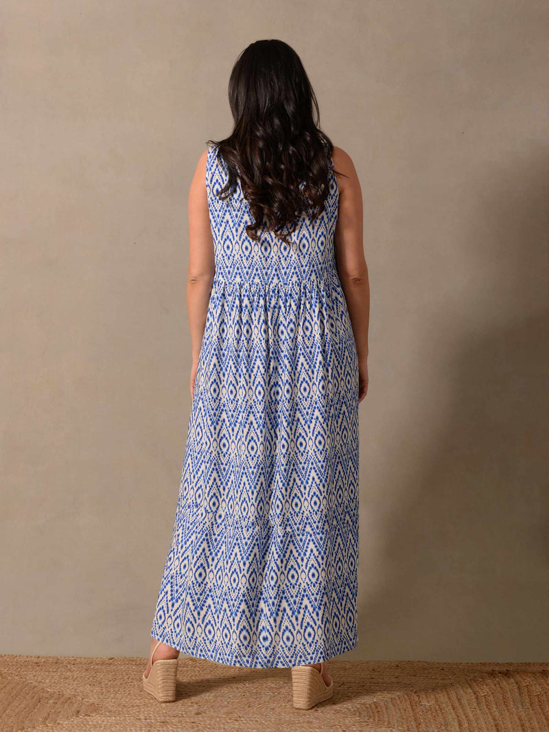 Blue Aztec Print Empire Line Maxi Dress
