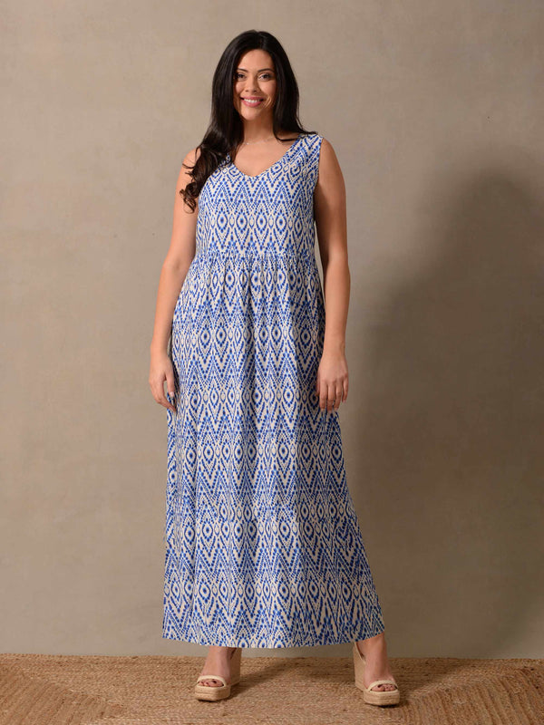 Blue Aztec Print Empire Line Maxi Dress