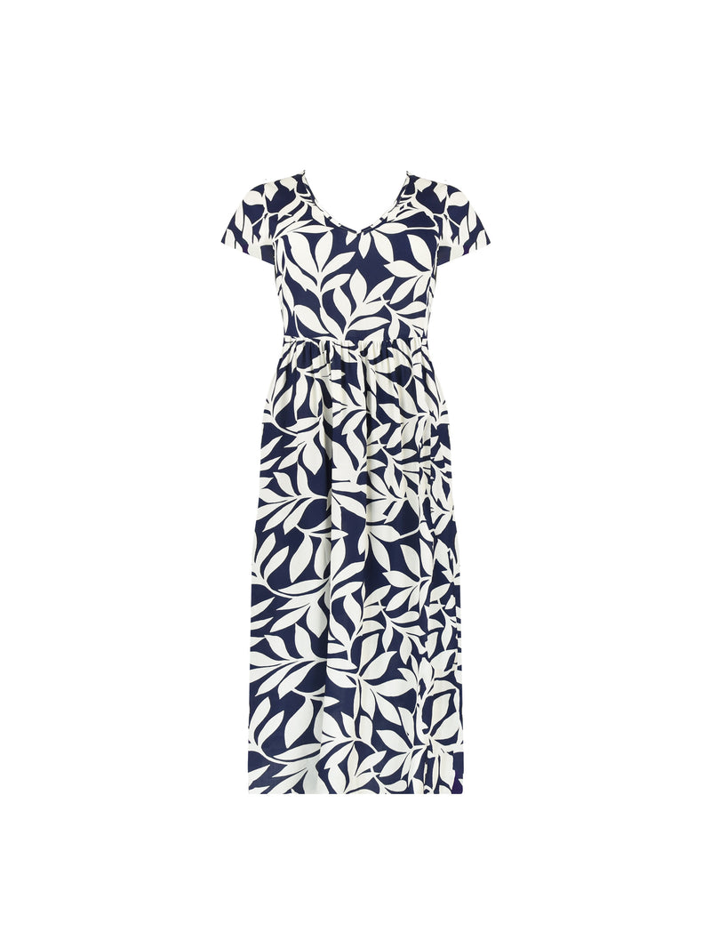 Navy Leaf Print Empire Line Midi Dress