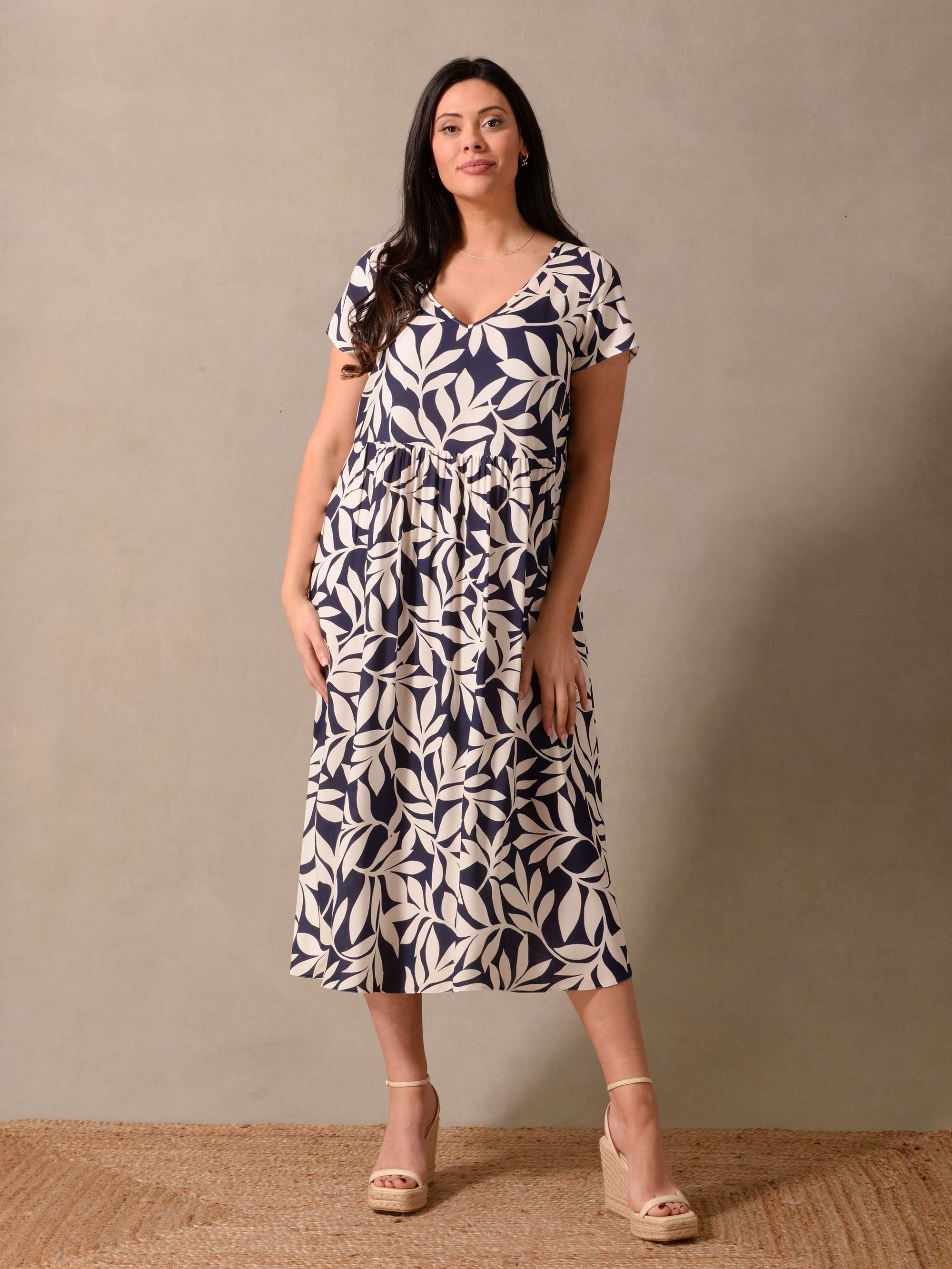 Navy Leaf Print Empire Line Midi Dress Navy Leaf Print Empire Line Midi Dress
