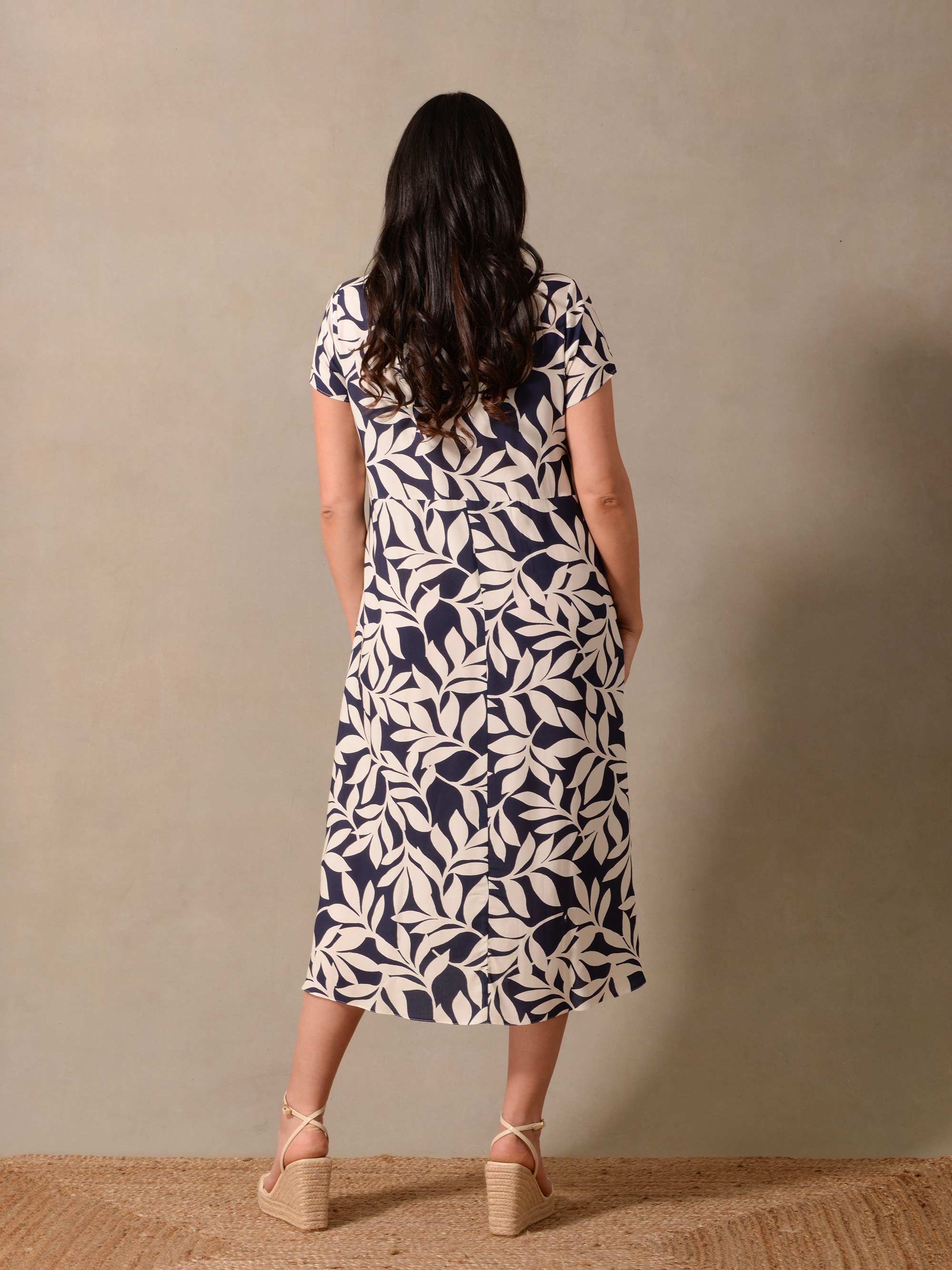 Navy Leaf Print Empire Line Midi Dress Navy Leaf Print Empire Line Midi Dress