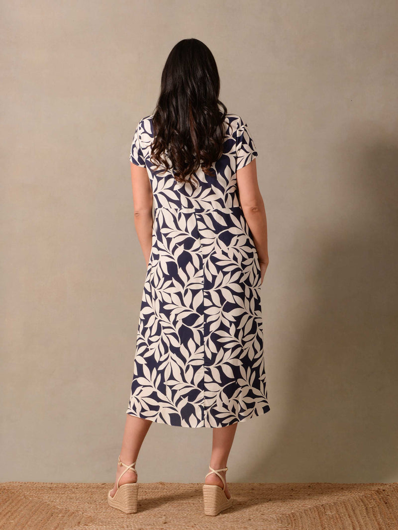 Navy Leaf Print Empire Line Midi Dress