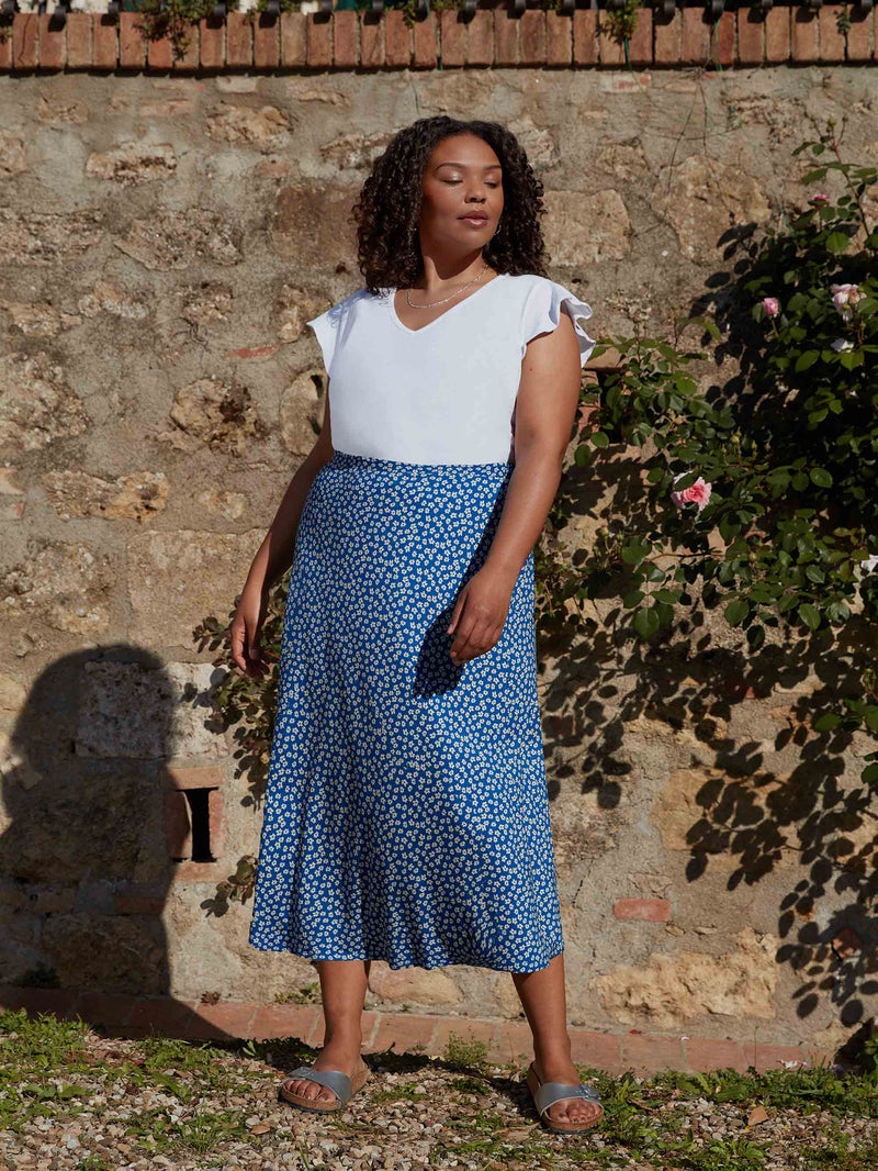 Blue Ditsy Floral Print Jersey Midi Skirt
