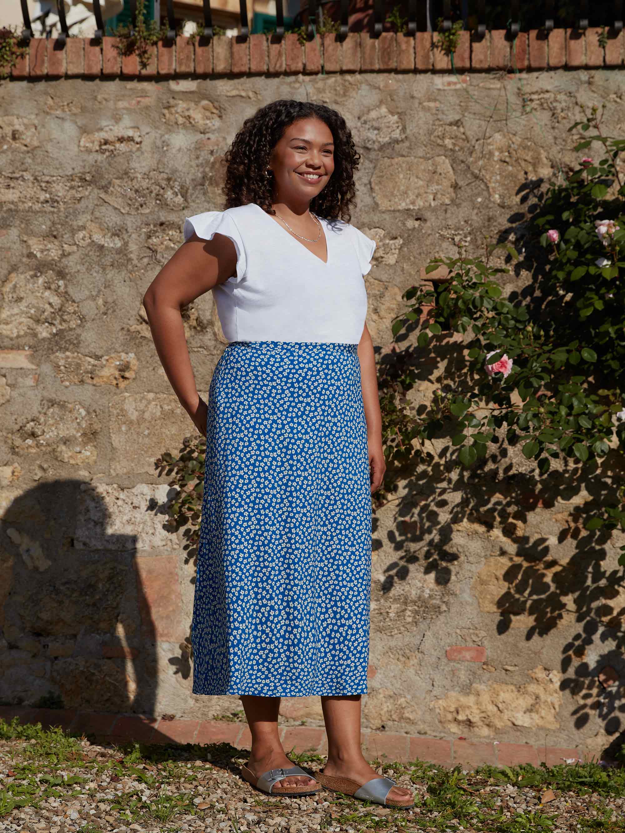 Blue Ditsy Floral Print Jersey Midi Skirt