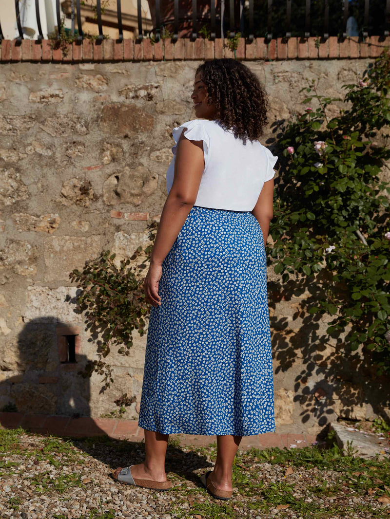 Blue Ditsy Floral Print Jersey Midi Skirt