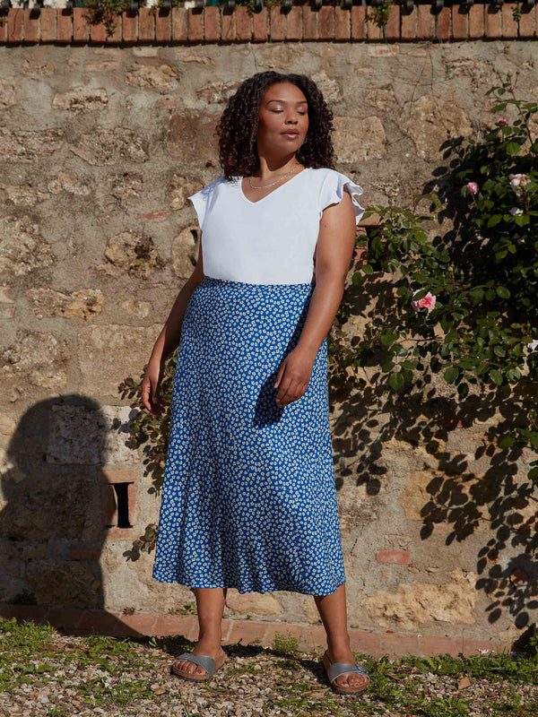 Blue Ditsy Floral Print Jersey Midi Skirt