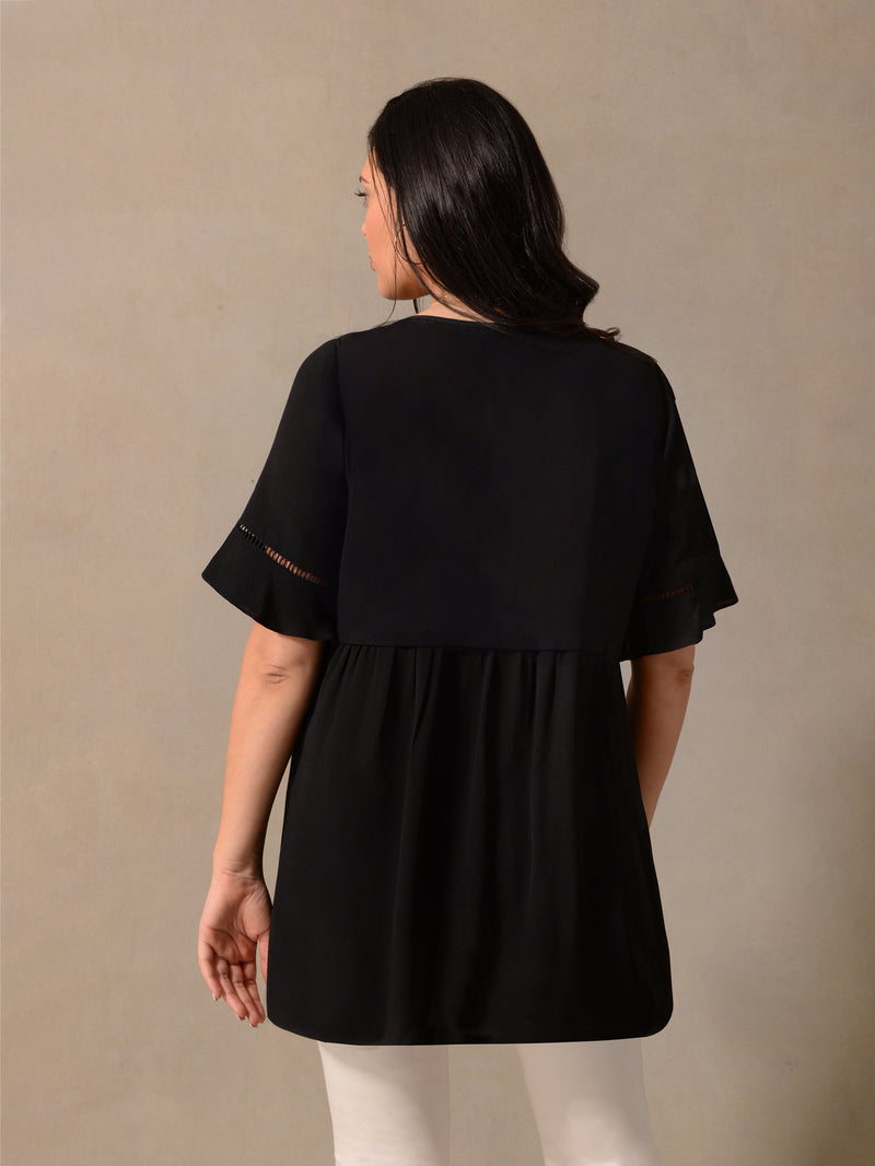 Black Short Sleeve Ladder Trim Blouse