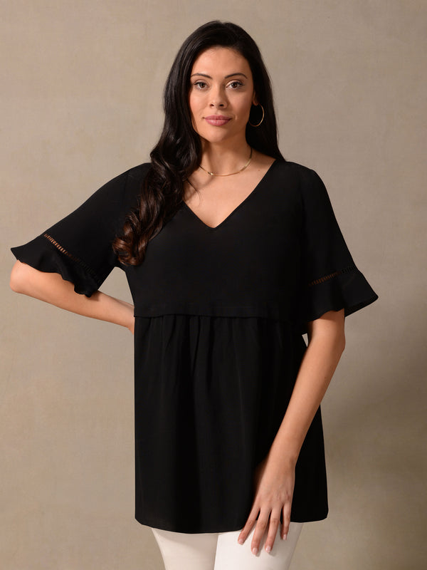 Black Short Sleeve Ladder Trim Blouse