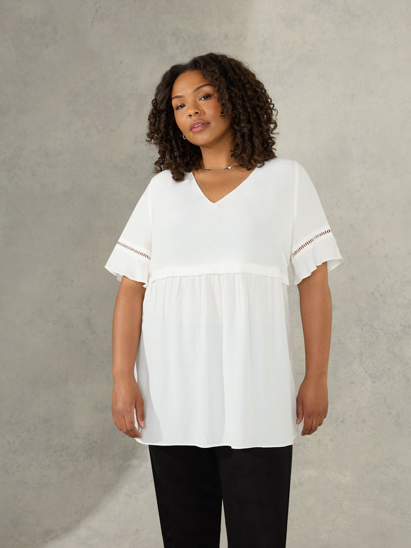 Ivory Short Sleeve Ladder Trim Blouse