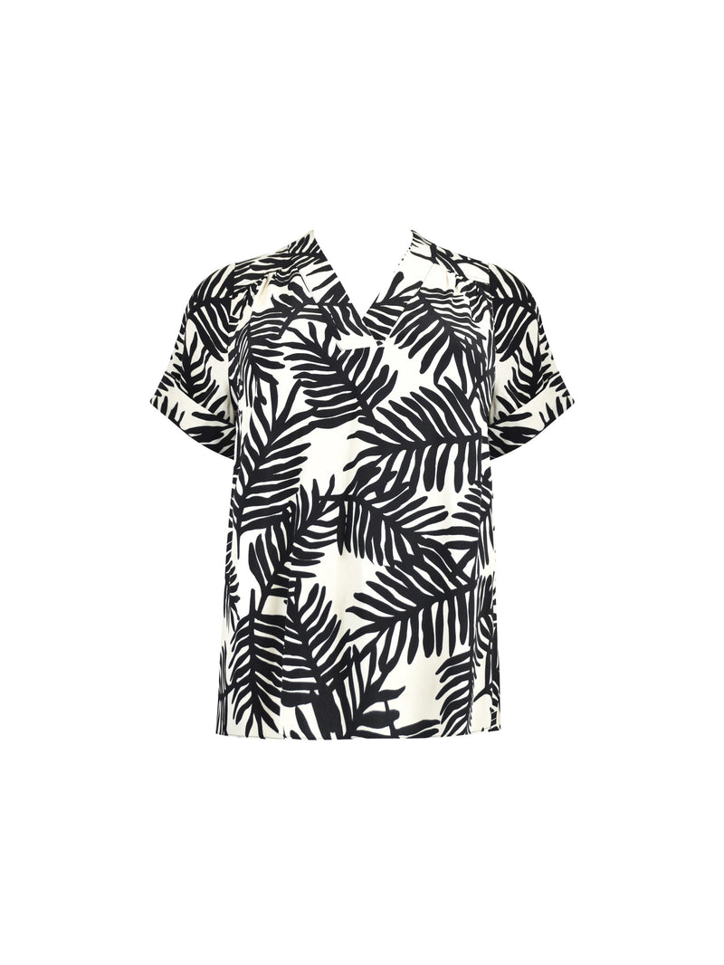 Black Palm Print V-Neck Blouse