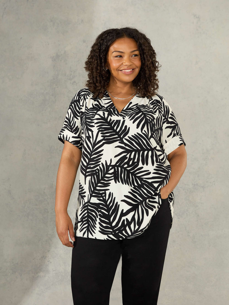 Black Palm Print V-Neck Blouse