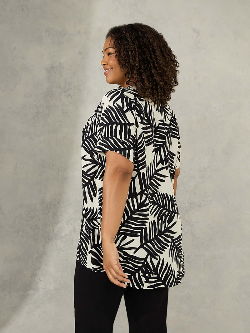 Black Palm Print V-Neck Blouse