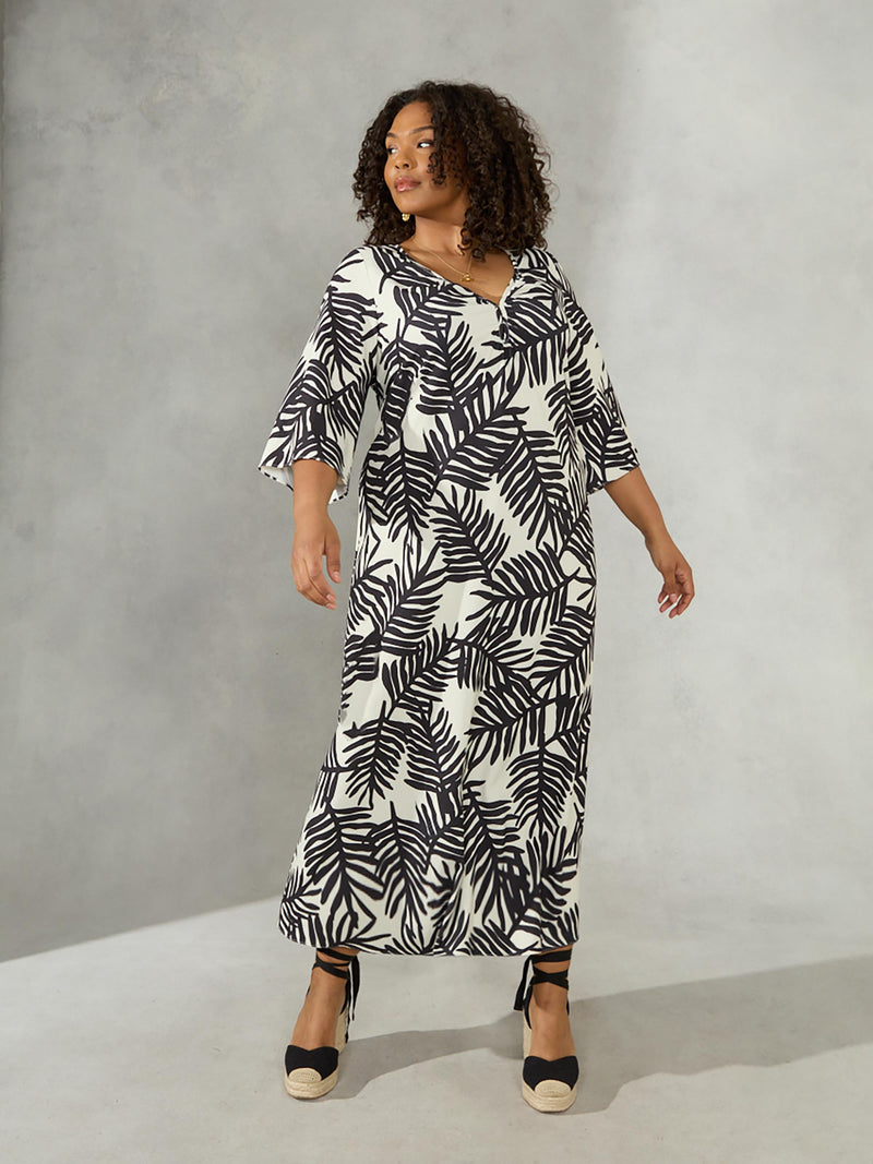 Black Palm Print Keyhole Midaxi Dress