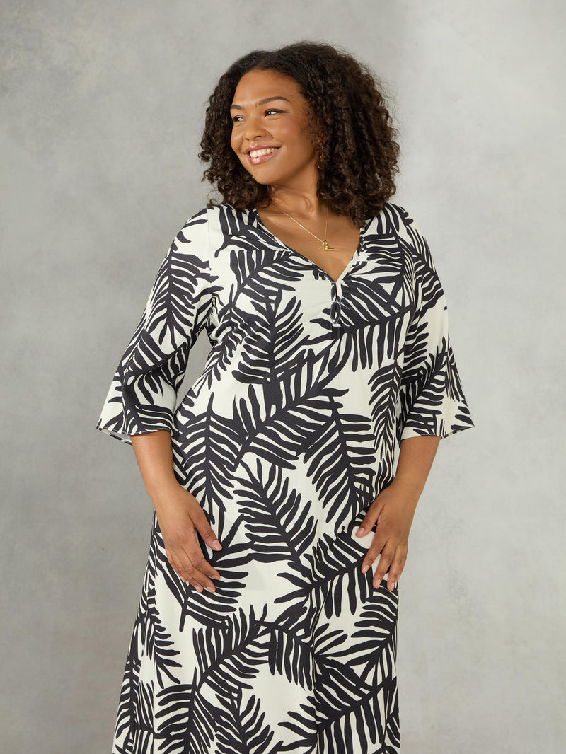 Black Palm Print Keyhole Midaxi Dress